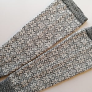 Wool leg warmers, long model, finely knitted fair isle nordic star pattern, grey and white combination,  good for walking. Gift for her.