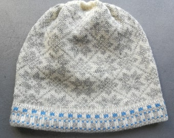 Fair Isle knitted wool hat in Estonian etnic style white and light grey combination