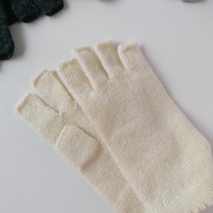 Womens Lambswool Fingerless Gloves in minimalist style, half fingers gloves White