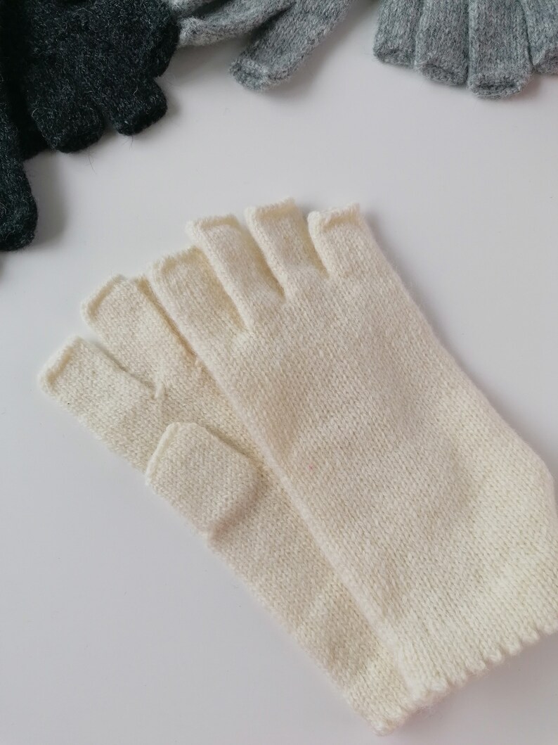 Womens Lambswool Fingerless Gloves in minimalist style, half fingers gloves White