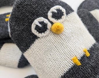Animal mittens with Penguins, Knit wool gloves for whole family