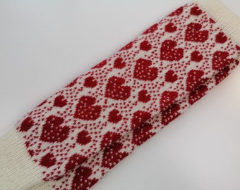 Fair Isle red & white leg warmers, finely knitted heart pattern, good for walking. Gift for her.
