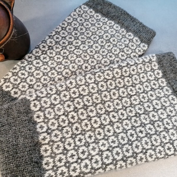 Fair Isle leg warmers finely wool knitted cross pattern dark grey and white combination, wide calf model. Good for walking