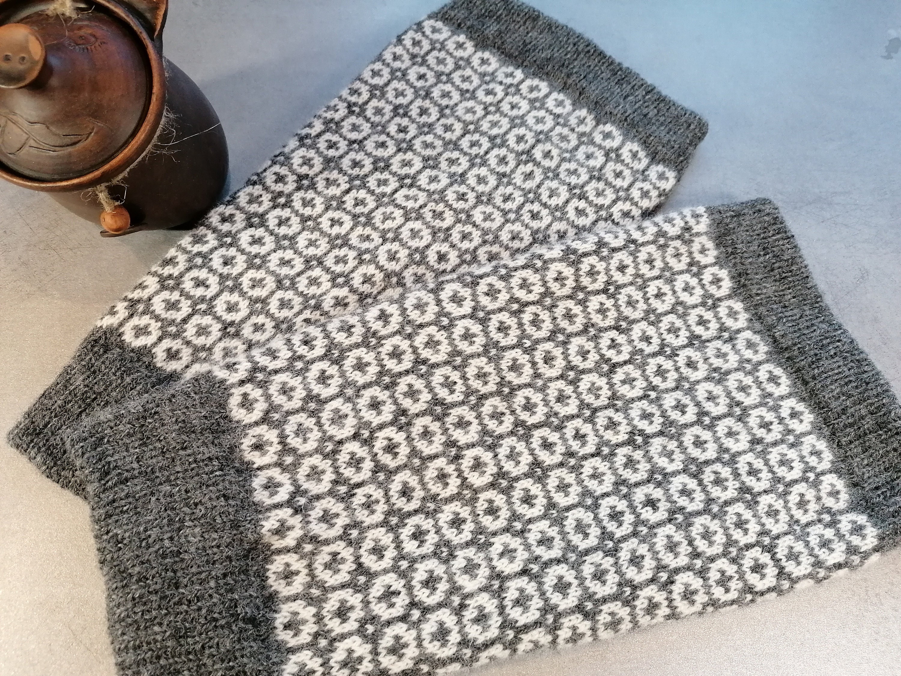 Fair Isle Leg Warmers, Wide Calf Model, Finely Knitted Nordic Star Pattern  Grey and White Combination 
