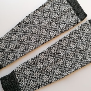 Wool leg warmers, long model, finely knitted fair isle snowflake pattern, black and white combination,  good for walking. Gift for her.