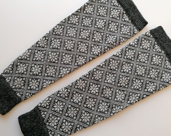 Wool leg warmers, long model, finely knitted fair isle snowflake pattern, black and white combination,  good for walking. Gift for her.