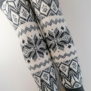 Grey and white knit leg warmers, warm and cozy leggings for winter, good for walking, gift for her