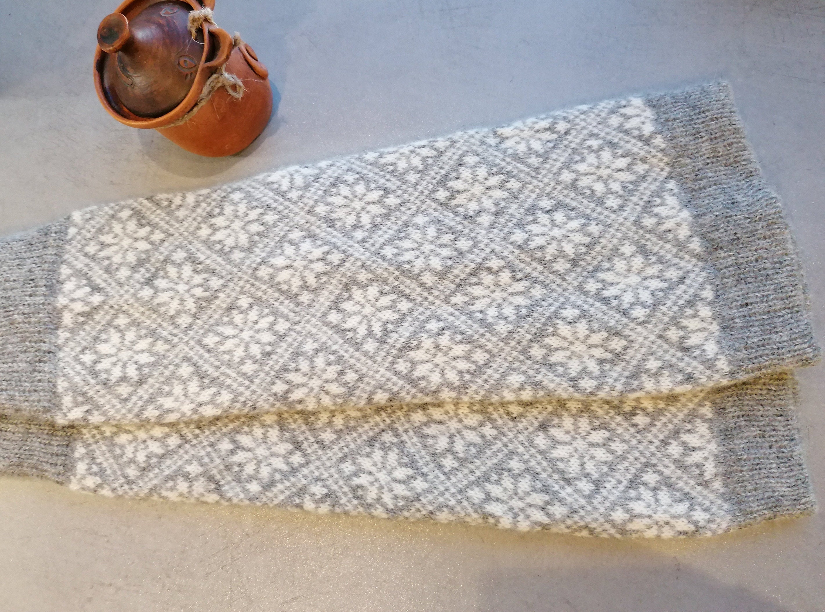 Fair Isle Leg Warmers, Wide Calf Model, Finely Knitted Nordic Star Pattern  Grey and White Combination 