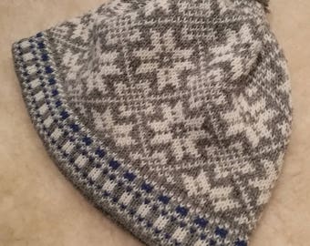 Fair Isle knitted wool hat in Estonian etnic style grey and white combination