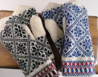 Black and white snowflake patterned wool mittens - knitted lining inside - nice nordic style - soft, warm and cozy - gift for him