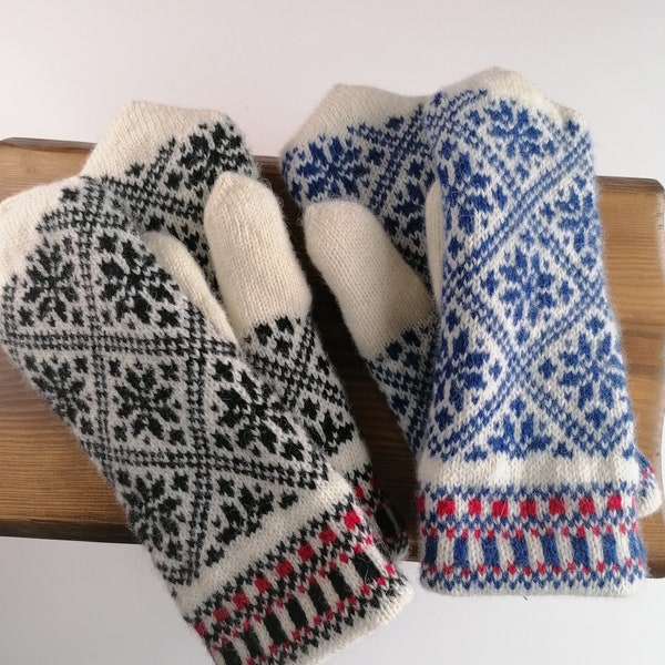 Mitaines en laine à motifs de flocons de neige noirs et blancs - doublure tricotée à l’intérieur - joli style nordique - doux, chaleureux et confortable - cadeau pour lui