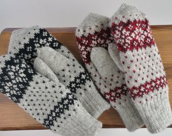 Snowflake pattern mittens, knitted with wool lining, warm accessories for wintertime, womens cold weather mittens