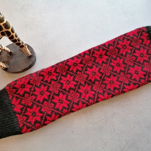 Fair Isle leg warmers finely knitted nordic star pattern black and red combination, good for walking. Gift for her.