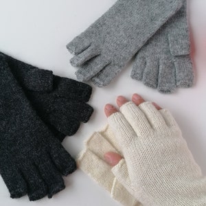 Womens Lambswool Fingerless Gloves in minimalist style, half fingers gloves image 2