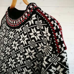 Folk knitted wool sweater, traditional Kihnu troi pattern, black-white nordic star pattern cardigan in scandinavian style image 4