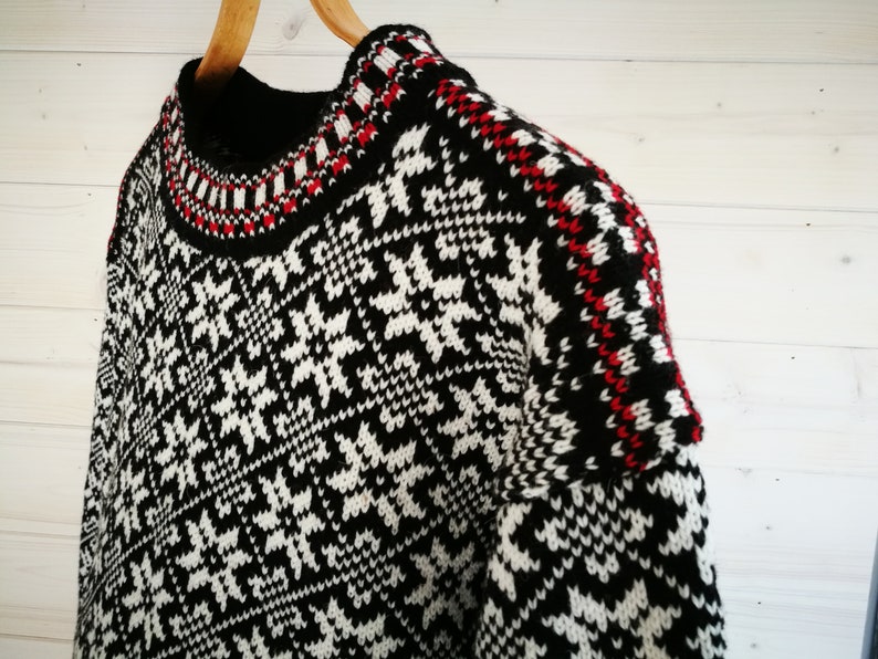 Folk knitted wool sweater, traditional Kihnu troi pattern, black-white nordic star pattern cardigan in scandinavian style image 4