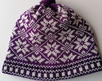 Fair isle knitted wool hat in etnic estonian style, Kihnu troi inspired, with violet and white colors, gift for him or her