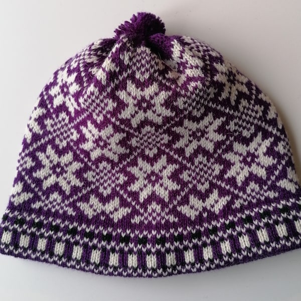 Fair Isle Wool Knit Hat: Estonian Ethnic Style, Violet & White