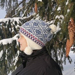 Nordic Star Wool Knit Beanie: Long Ear Flap Hat with Pom-Pom