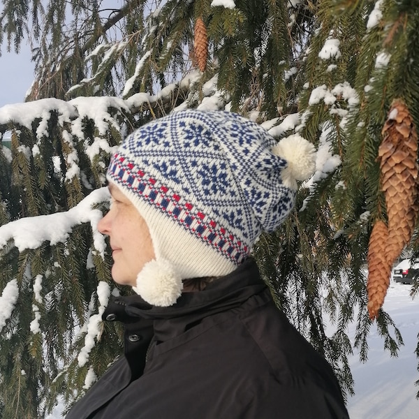 Warme Mütze mit Ohrenklappen, tradizionelle Nordik Stern Muster, Mütze für die Winterzeit, weich und warm