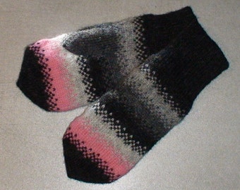 Knitted mittens in shaded colors, in black-grey-pink combination, warm and soft gloves for wintertime