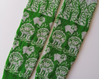 Wool Knit Leg Warmers: Green Sheep Pattern, Cozy Boot Cuffs