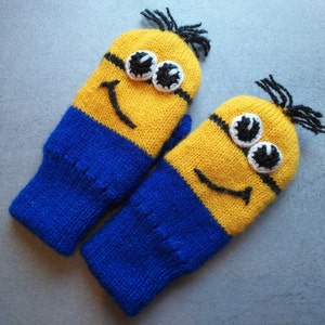 Warm knitted mittens for kids with wool lining, funny puppet mittens model in blue and yellow color range