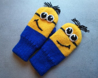 Warm knitted mittens for kids with wool lining, funny puppet mittens model in blue and yellow color range