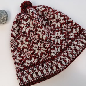 Fair isle knitted wool unisex hat in etnic estonian style, Kihnu troi pattern, soft and cosy