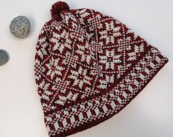 Fair isle knitted wool unisex hat in etnic estonian style, Kihnu troi pattern, soft and cosy