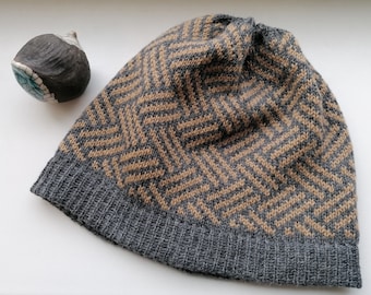 Grey knitted winter hat for men, nice beige fair isle pattern, soft, warm and cozy