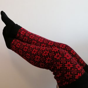 Wool leg warmers, long model, finely knitted fair isle nordic star pattern, black and red combination,  good for walking. Gift for her.