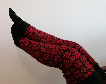 Wool leg warmers, long model, finely knitted fair isle nordic star pattern, black and red combination,  good for walking. Gift for her.