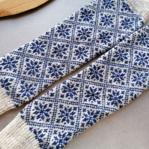 Fair Isle leg warmers SLIM model, finely knitted small nordic star pattern, light grey and blue combination, good for walking. Gift for her.