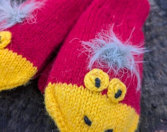 Wool Mittens with Red Birdy pattern: Knit Winter Gloves for toddlers and adults