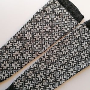 Wool leg warmers, long model, finely knitted fair isle nordic star pattern, black and white combination,  good for walking. Gift for her.