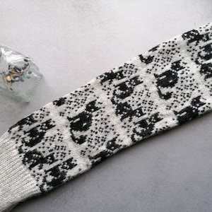 Wool Knit Leg Warmers: Light Grey Cat Pattern Boot Cuffs