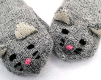 Wollgestrickte Handschuhe für Kinder mit Katzenmotiv, warme Handschuhe aus reine Wolle, doppelseitigen. Gut im Winter.