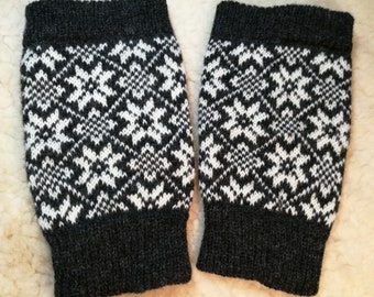 Bootcuffs, knitted legwarmers with fair isle snowflake pattern, short model fits good as boot socks Black leg wool legwarmers. Gift for her.