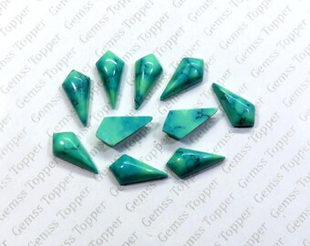 May include: A collection of ten polished turquoise gemstones, each featuring a distinct kite or geometric shape with a smooth surface and dark, web-like veining patterns in shades of vibrant teal, cyan, and deep blue-green throughout the stones.