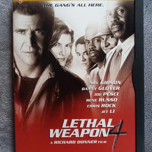 May include: DVD case for the movie "Lethal Weapon 4" featuring Mel Gibson, Danny Glover, Joe Pesci, Rene Russo, Chris Rock, and Jet Li. The cover has a red background with the movie title and cast names.