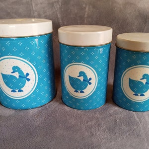 Vtg 3 Pc Tin Blue Goose Canister Set