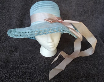 Vintage Light Blue Baby Blue Sun Hat Open Lace Design Formal Hat Ribbon