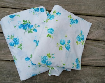 Vtg Blue Floral Dan River Zestaw prześcieradeł płaskich i z gumką w pełnym rozmiarze