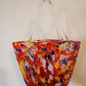 Vintage Multicolored Hand Blown Studio Art Glass Purse Shaped Vase