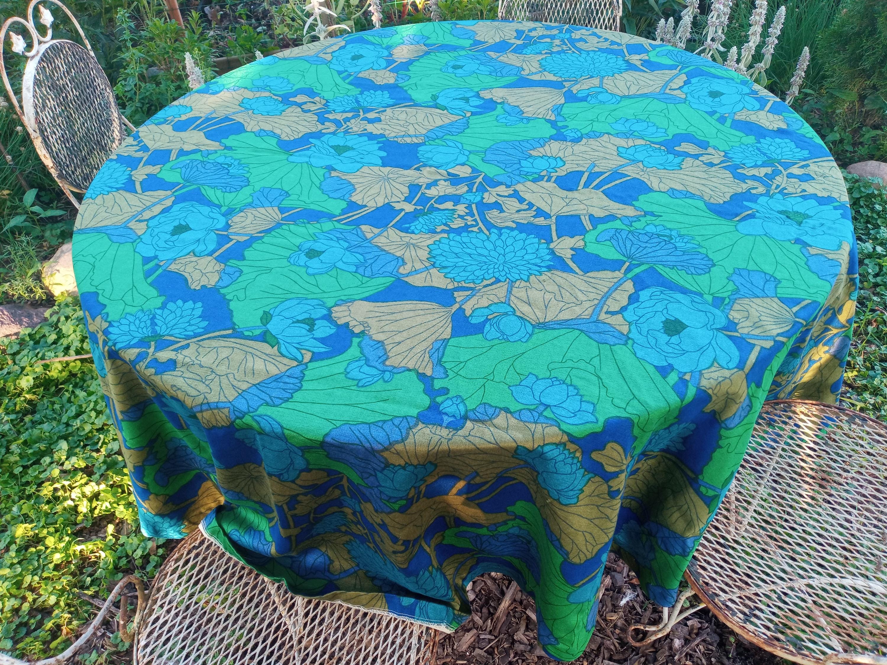Tovaglia rotonda da interno vintage anni '60, 77 pollici, blu/verde floreale