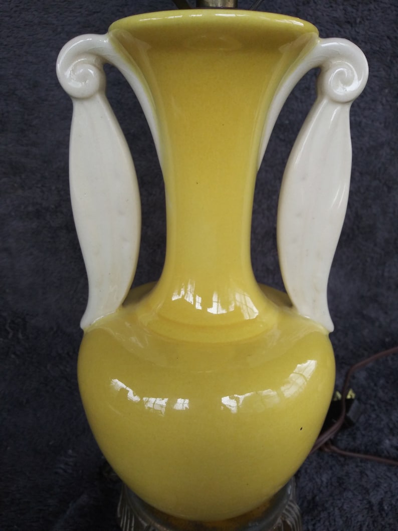 Early VintageAntique 19 Table Lamp Ceramic Pottery Custard YellowWhite Greek