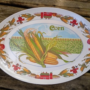 Vtg Melamine 21&quot; Platter Brookpark Summertime Corn Barn Scarecrow Rooster