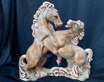 Large Vintage Ceramic Sculpture 2 Horses Stallions Fighting