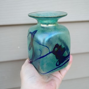 Robert Held Rectangular Iridescent Teal Green Art Glass Mini Vase